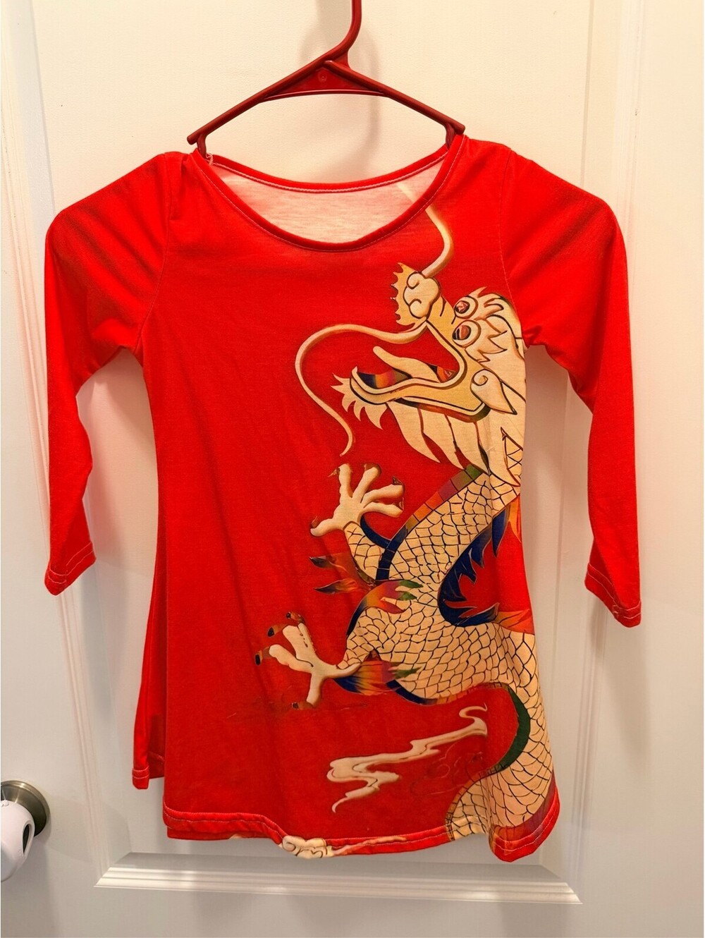 Mens Red Vietnamese Ao Dai Traditional Long Tunic Gold Dragon Print Sz 4/5Y